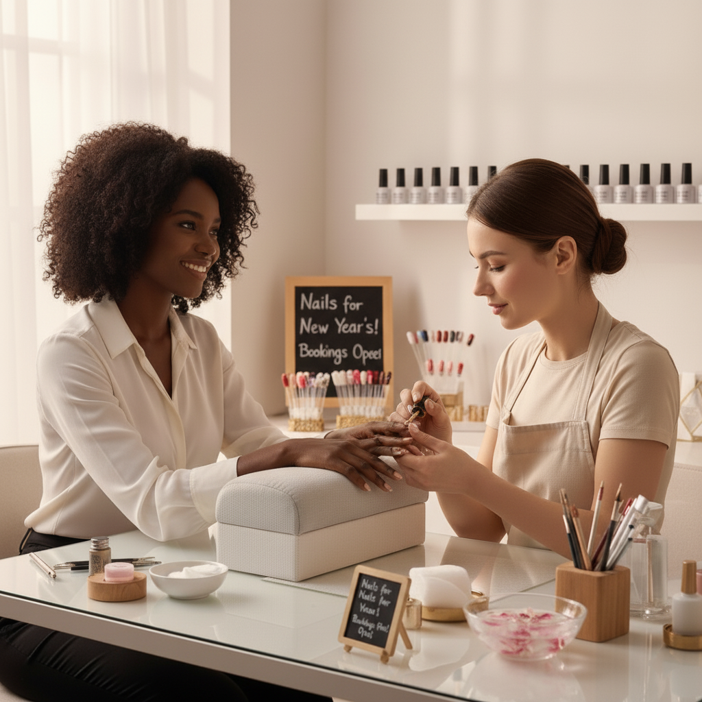 Mulher fazendo manicure em cliente.