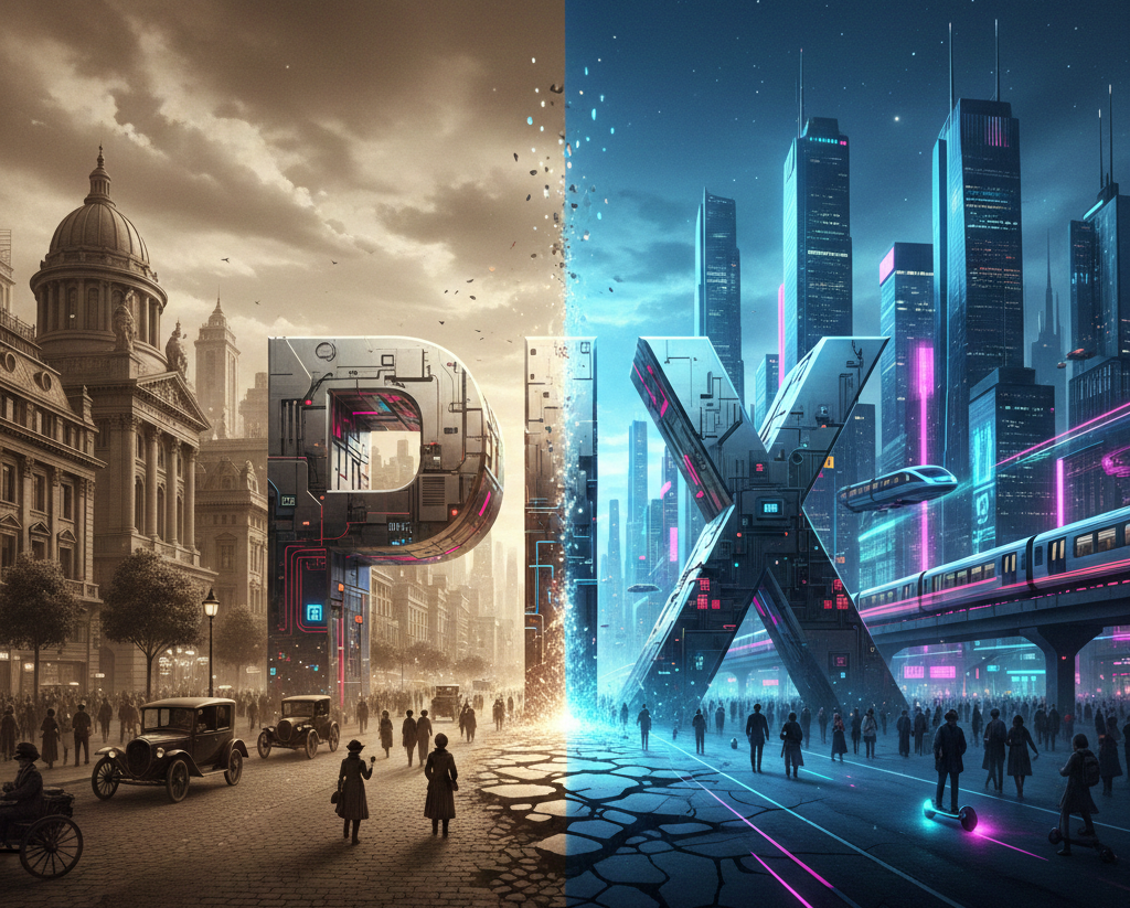 Pix 5 anos: Imagem de um letreiro PIX dividindo idade antiga e futurista