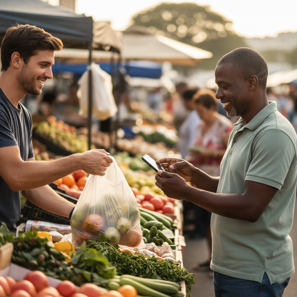 Cliente pagando feirante via Pix no celular