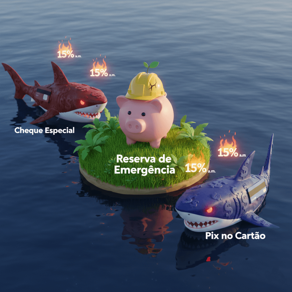 Pix no cartão. Reserva de emergência. Porquinho da poupança rodeado por tubarões
