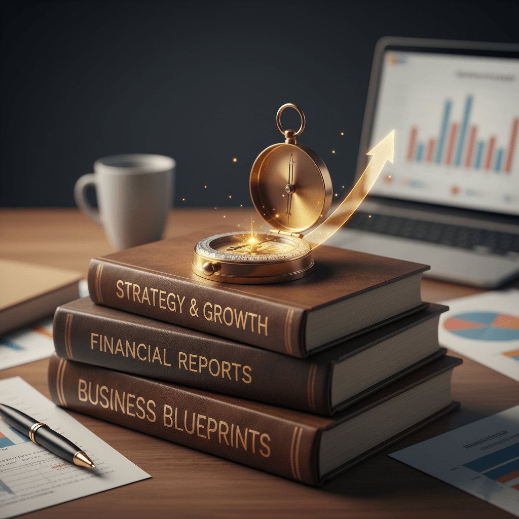 Uma bússola dourada em cima de um grande livro de estratégias e relatórios financeiros, simbolizando a 'Estratégia Secreta' (disciplina e conhecimento) guiando o sucesso empresarial e a vitória sobre a falência de empresas precocemente