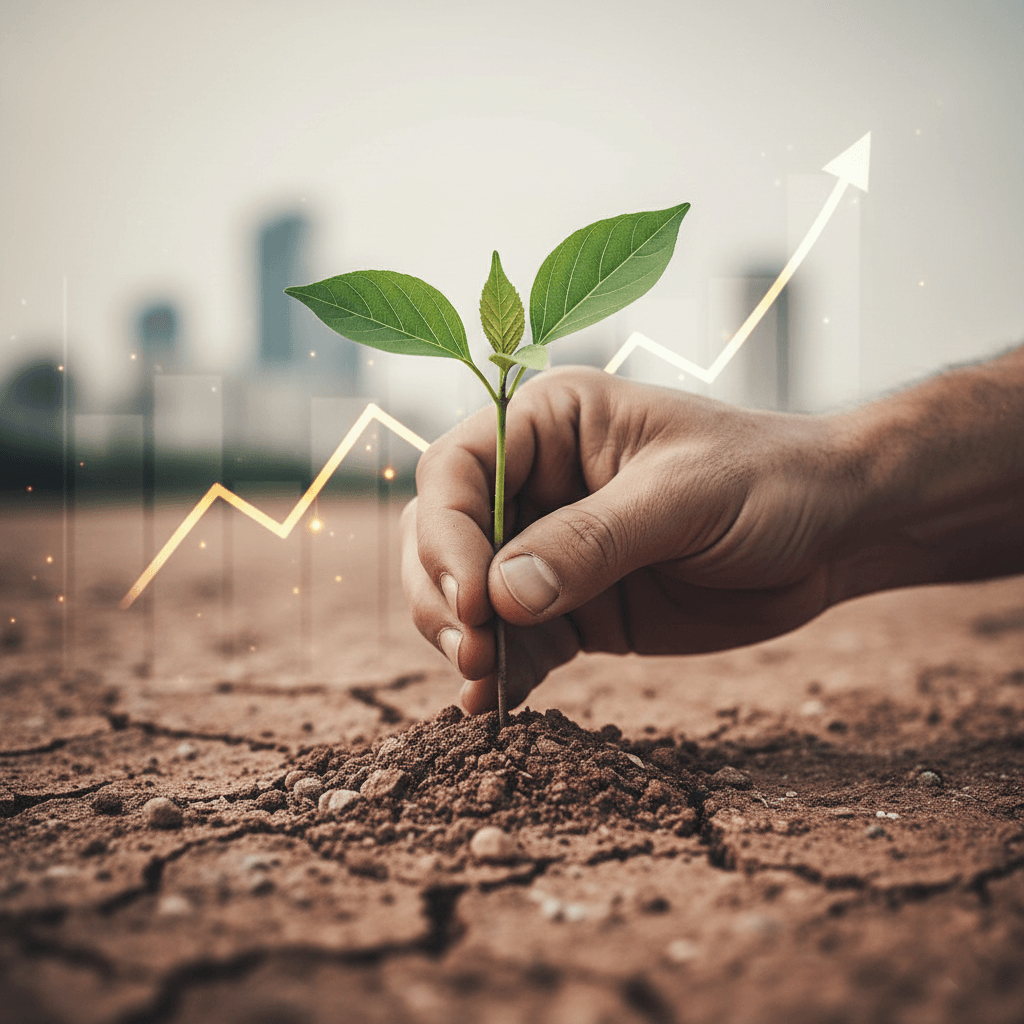 Uma mão de empreendedor segura firmemente uma muda de planta verde crescendo vigorosamente em solo árido simbolizando a luta contra a falência de empresas
