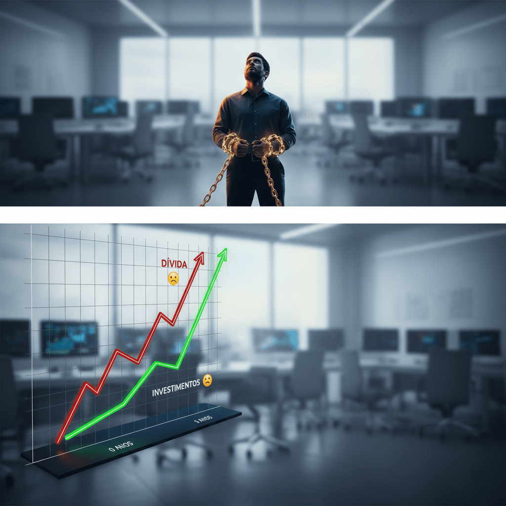 Gráfico comparando o caminho descendente da dívida com o crescimento exponencial dos investimentos, ilustrando o custo de oportunidade de viver endividado.