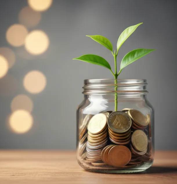 Pote de vidro com moedas e uma pequena planta verde brotando, simbolizando o rendimento do Tesouro Direto ao longo dos anos.