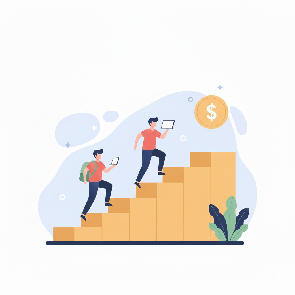 Escada conceitual de vidro subindo em direção a um centro financeiro moderno, simbolizando ascensão profissional.