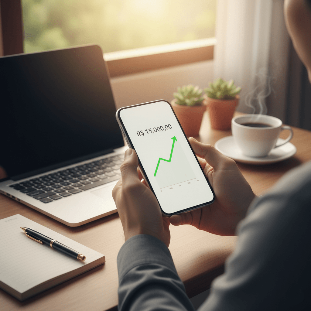 Pessoa segurando celular com gráfico de crescimento financeiro representando investimentos no Tesouro Direto.