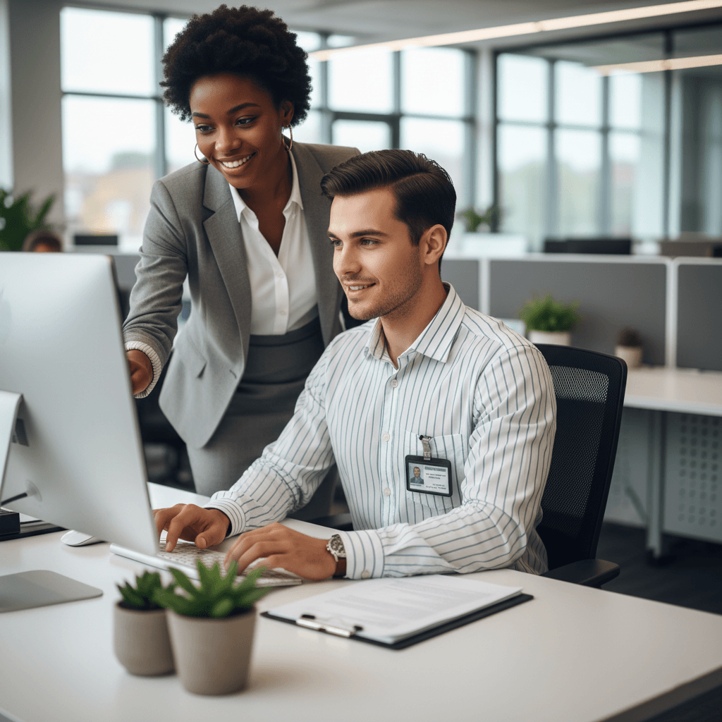 Profissional sorrindo calmamente em um ambiente de escritório moderno, transmitindo segurança e sucesso por ter estudado para um concurso público 2026.