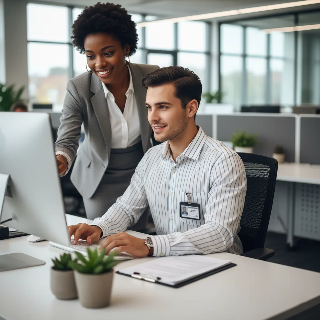 Profissional sorrindo calmamente em um ambiente de escritório moderno, transmitindo segurança e sucesso por ter estudado para um concurso público 2026.