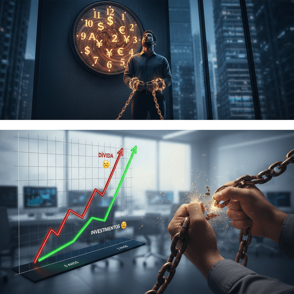 Homem acorrentado por dinheiro, observando um relógio com símbolos monetários, representando o custo invisível de viver endividado.