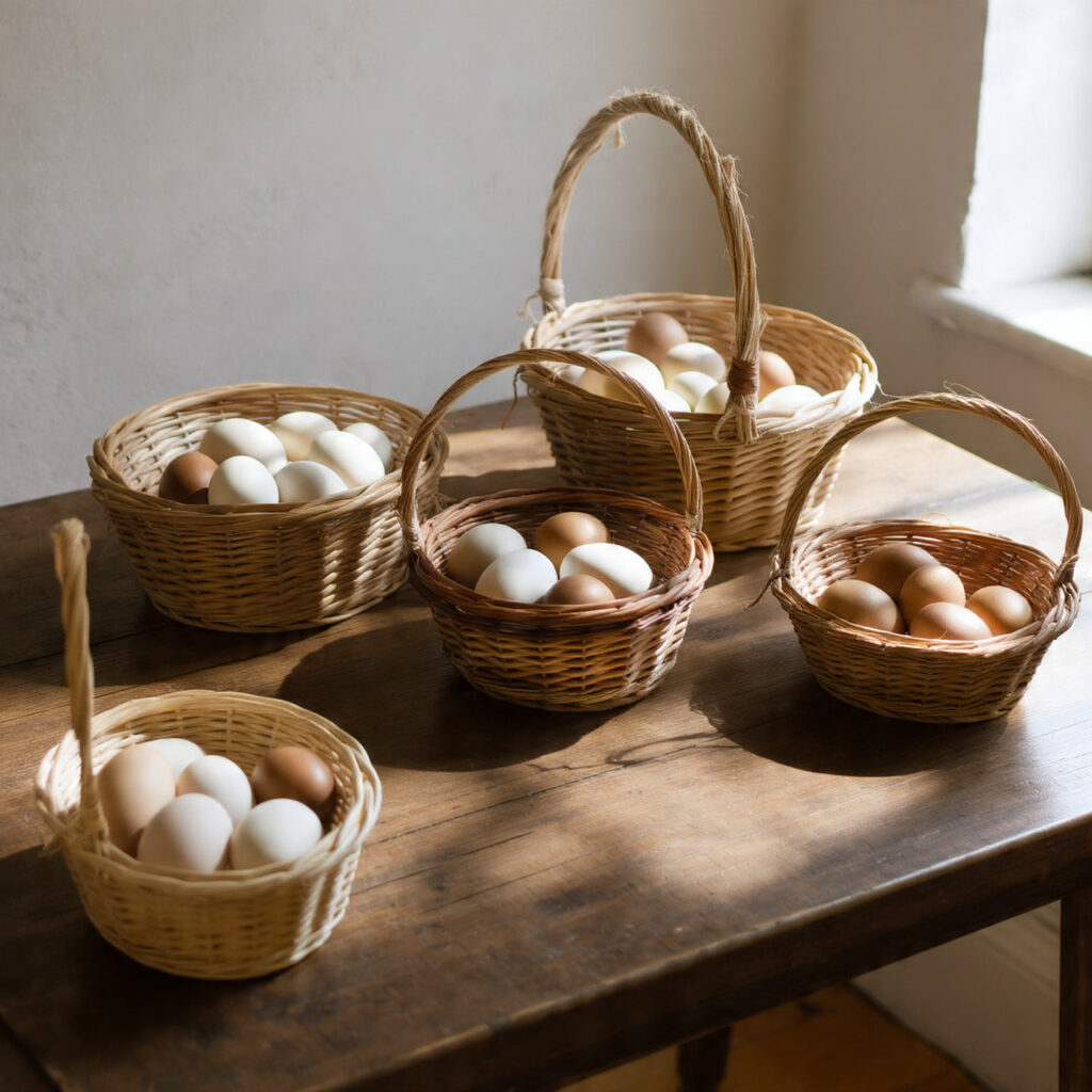 Cestas de ovos organizadas representando a diversificação de investimentos no mercado de ações para iniciantes