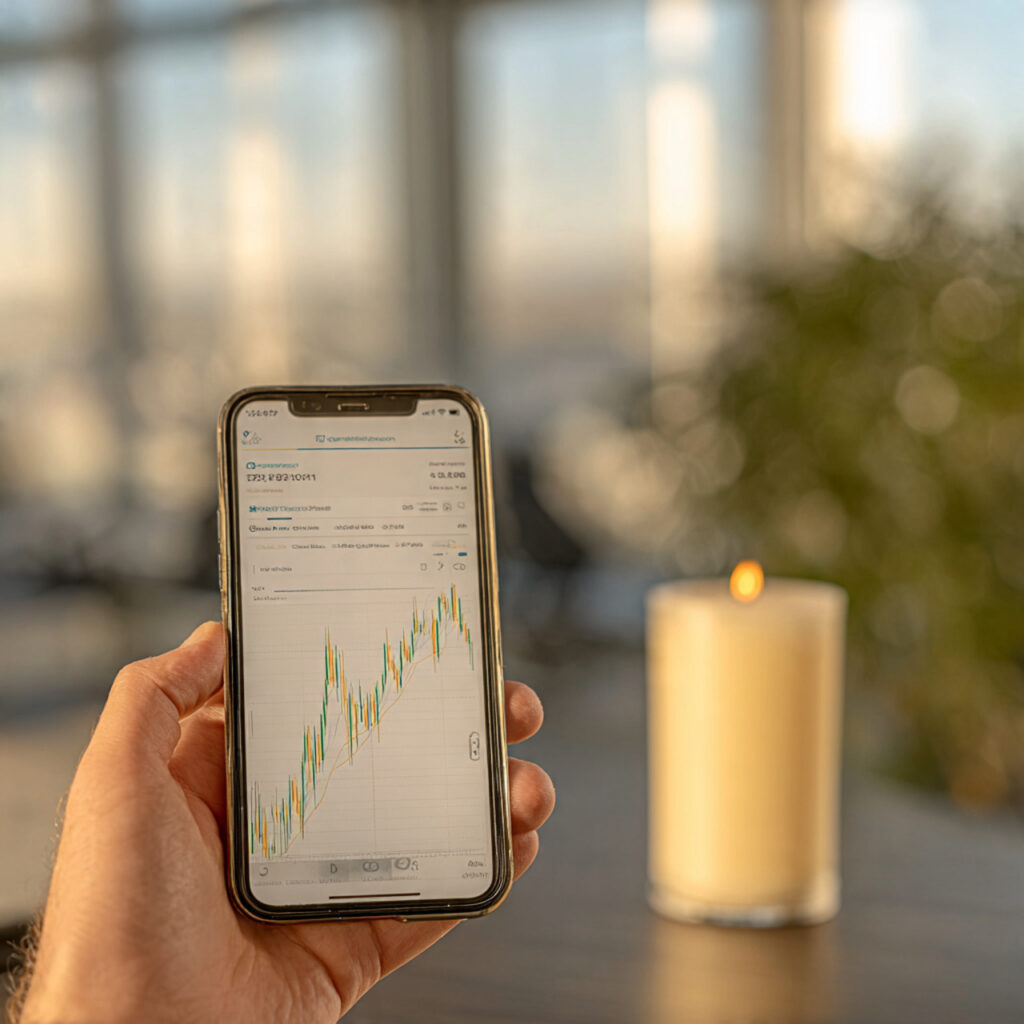 Pessoa utilizando aplicativo de corretora no celular para investir no mercado de ações para iniciantes.